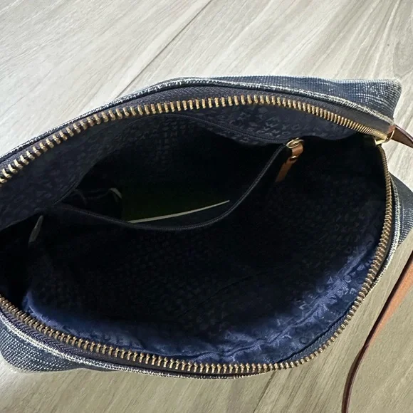 Kate Spade Denim Stripe Crossbody Camera Bag- leather Strap- Blue Brown Gold - Picture 9 of 11
